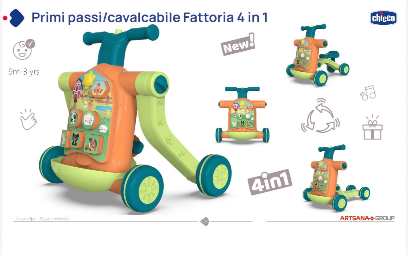 N2 Primi Passi 4 in 1 (Monopattino , Primi passi , cavalcabile e fattoria