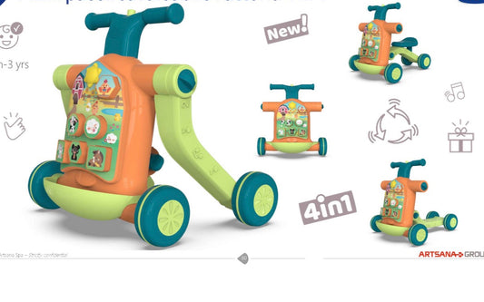 Primi passi 4 in 1 (monopattino, cavalcabile, primi passi e fattoria)